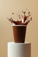 Dynamic chocolate milk splash bursting from brown paper cup on white pedestal against beige background, creating dramatic crown-shaped liquid explosion.