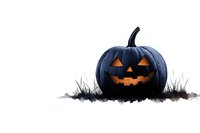Dark blue jack o lantern pumpkin with glowing orange eyes and smile sitting in black grass against white background, isolated Halloween decoration.