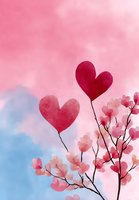 Watercolor heart-shaped flowers and pink blossoms against soft pink and blue background, creating romantic atmosphere for Valentine's Day designs.