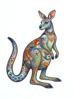 Colorful hand-drawn kangaroo with intricate floral and geometric patterns throughout body and tail, isolated on white background, ready for design projects, apparel printing, and decorative applications.