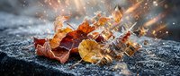 Autumn leaves scattered on wet pavement with magical golden light rays and sparkling bokeh effects creating enchanting seasonal atmosphere.