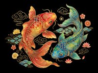 Two ornate koi fish in red and blue with gold details, flowers and waves, isolated on transparent background. Ready for t-shirts, stickers, sublimation.