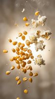 Popcorn kernels and fluffy white popped corn exploding in mid-air with steam and motion blur against neutral background for snack food advertising.