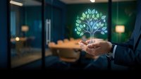 Businessman holding glowing digital tree hologram in modern office representing growth, sustainability and environmental business innovation concepts.