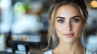 Young woman with striking blue eyes and natural makeup smiling softly at camera, loose strands of blonde hair frame her face against blurred cafe background.
