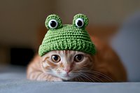 Ginger cat wearing cute knitted green frog beanie hat with googly eyes, lying on gray couch. Close up portrait showing whiskers and expressive eyes.