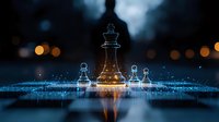 Glowing chess pieces on dark background with king piece illuminated in gold light and pawns in blue, digital art style composition for strategy concepts.