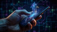 Hand holding smartphone displaying holographic building projection with digital network connections and data streams on dark tech background.