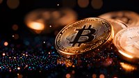 Golden cryptocurrency coin on dark background with colorful bokeh lights and reflective surface, macro view showing detailed texture and metallic shine.