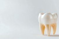 Anatomical model of molar tooth showing internal root structure and crown on white background, isolated dental education concept for dentistry.