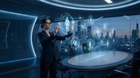 Businesswoman in dark suit interacting with holographic digital interface displaying human figures and network connections in futuristic control room overlooking cityscape at dusk for technology and innovation concepts.