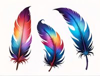 Vibrant colorful feathers with gradient transitions from blue to purple and orange, perfect for bohemian designs, tattoo art, and decorative elements on white background.