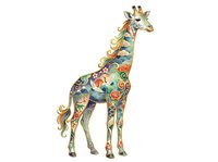 Colorful decorated giraffe with ornamental floral patterns and vibrant botanical designs on isolated white background, ready for clipart and design use.