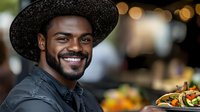 Smiling African American chef in black hat presenting gourmet dish in professional restaurant kitchen with warm bokeh lighting background.