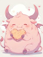 Adorable pink monster holding heart-shaped cookie with tiny wings, horns and tail in kawaii anime style on light background with sparkles and floating hearts.