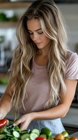 Young Caucasian woman with long blonde wavy hair wearing casual pink t-shirt preparing fresh vegetables in modern kitchen. Natural lighting highlights healthy cooking lifestyle.