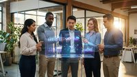 Diverse business team analyzing holographic data visualization in modern office space with natural lighting and contemporary design elements.