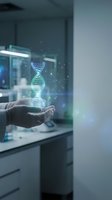 Scientist hand holding holographic DNA double helix structure with glowing particles in modern laboratory for genetic research and biotechnology innovation.