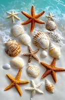 Starfish and seashells arranged on sandy beach with turquoise ocean water, ideal for summer, travel, and coastal design projects.