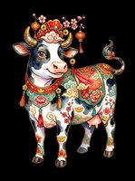 Festive ox decorated with traditional patterns, lanterns, and cherry blossoms, isolated on transparent background. Great for lunar new year clipart, t-shirt design, stickers, sublimation.