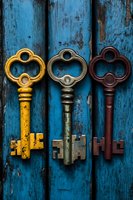 Vintage skeleton keys in yellow, silver and brown arranged on weathered blue wooden background. Decorative antique design elements for home decor and collecting.