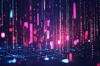 Digital data streams with glowing pink and blue particles flowing downward creating futuristic cyber technology atmosphere for modern design projects.