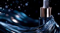 Luxury cosmetic dropper bottle with flowing blue liquid splash and bokeh lights on dark background, premium skincare product photography for beauty industry.