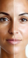 Split face comparison showing skin tone variation and beauty concept with brown eyes, natural makeup, and flawless complexion for cosmetic advertising.