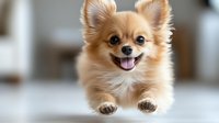 Adorable fluffy Chihuahua puppy running with tongue out and happy expression in bright indoor setting for pet care and animal lover content.