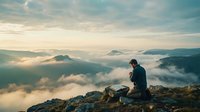 Young man hiker sitting on rocky mountain peak above clouds during sunrise, contemplating scenic landscape view. Adventure travel and outdoor recreation concept.