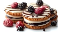 Sandwich cookies with cream filling decorated with chocolate drizzle, fresh raspberries and blackberries on white background, macro food photography.