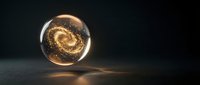 Glowing sphere with swirling golden light particles and energy inside transparent orb on dark surface, representing cosmos, magic, or abstract concepts for design and creative projects.