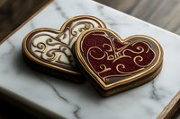 Ornate heart-shaped cookies with burgundy and white royal icing decorations featuring elegant swirl patterns on marble surface, romantic Valentine's day dessert.