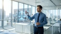 Professional Asian businessman interacting with holographic digital interface in modern glass office with city skyline view during daytime.