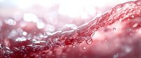 Dynamic splash of red liquid with droplets and ripples creating abstract wave pattern against blurred bokeh background, macro photography for beverage advertising.