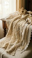 Vintage lace textiles and crochet fabrics draped over wooden table with dried flowers in warm sunlight creating romantic shabby chic atmosphere for crafting projects.