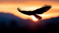 Majestic eagle soaring against golden sunset sky over mountain silhouettes. Powerful bird of prey in flight with outstretched wings during dramatic twilight hour.