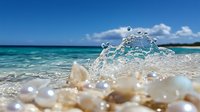 Dramatic ocean wave splash over pearls and seashells on tropical beach with turquoise water and blue sky, nature photography capturing water motion and light.