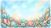 Watercolor ocean frame with seashells, starfish, coral and marine elements on textured paper background for summer designs and coastal themed projects.