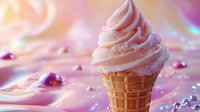 Soft serve ice cream in waffle cone with pink swirls against dreamy pastel background with water drops and bokeh lights creating magical dessert atmosphere.