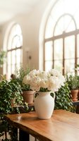 White ranunculus flowers in ceramic vase on wooden table in bright sunroom with arched windows and potted plants creating elegant home decor atmosphere.