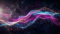Glowing neon wave particles flowing across dark space with magenta and cyan light trails, suitable for tech, music, and digital design backgrounds.