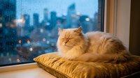 Fluffy ginger cat resting on golden cushion by rainy window overlooking city skyline at dusk, cozy indoor pet scene for home decor and lifestyle content.