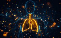 Glowing anatomical lungs within translucent human silhouette against dark background with luminous particles, representing respiratory system and medical science.