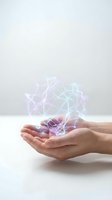 Hands holding glowing digital network connections with colorful light effects representing technology innovation and connectivity concepts.