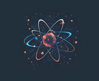 Glowing atomic model with orbiting electrons and nucleus in orange and blue neon colors on dark background, science education concept.
