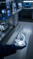 Scientist holding glowing microscope hologram in modern laboratory with advanced equipment and blue illuminated screens, representing research, innovation, and scientific discovery.