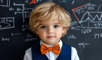 Adorable blonde toddler boy in formal vest and orange bow tie standing against mathematical equations chalkboard background for educational concepts.