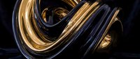 Abstract golden and dark blue flowing ribbons creating elegant curved shapes on black background for luxury design projects.