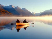 Two people paddling yellow canoe on misty mountain lake at sunrise, calm water surface reflecting silhouettes and mountain peaks in golden morning light.